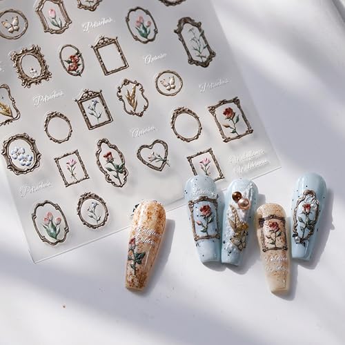 Flower Nail Stickers with Gold Vintage Frame – Self-Adhesive Rose,
