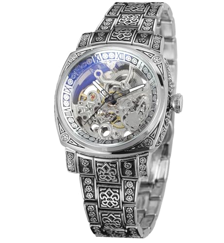 Montre automatique pour homme squelette vintage en acier inoxydable