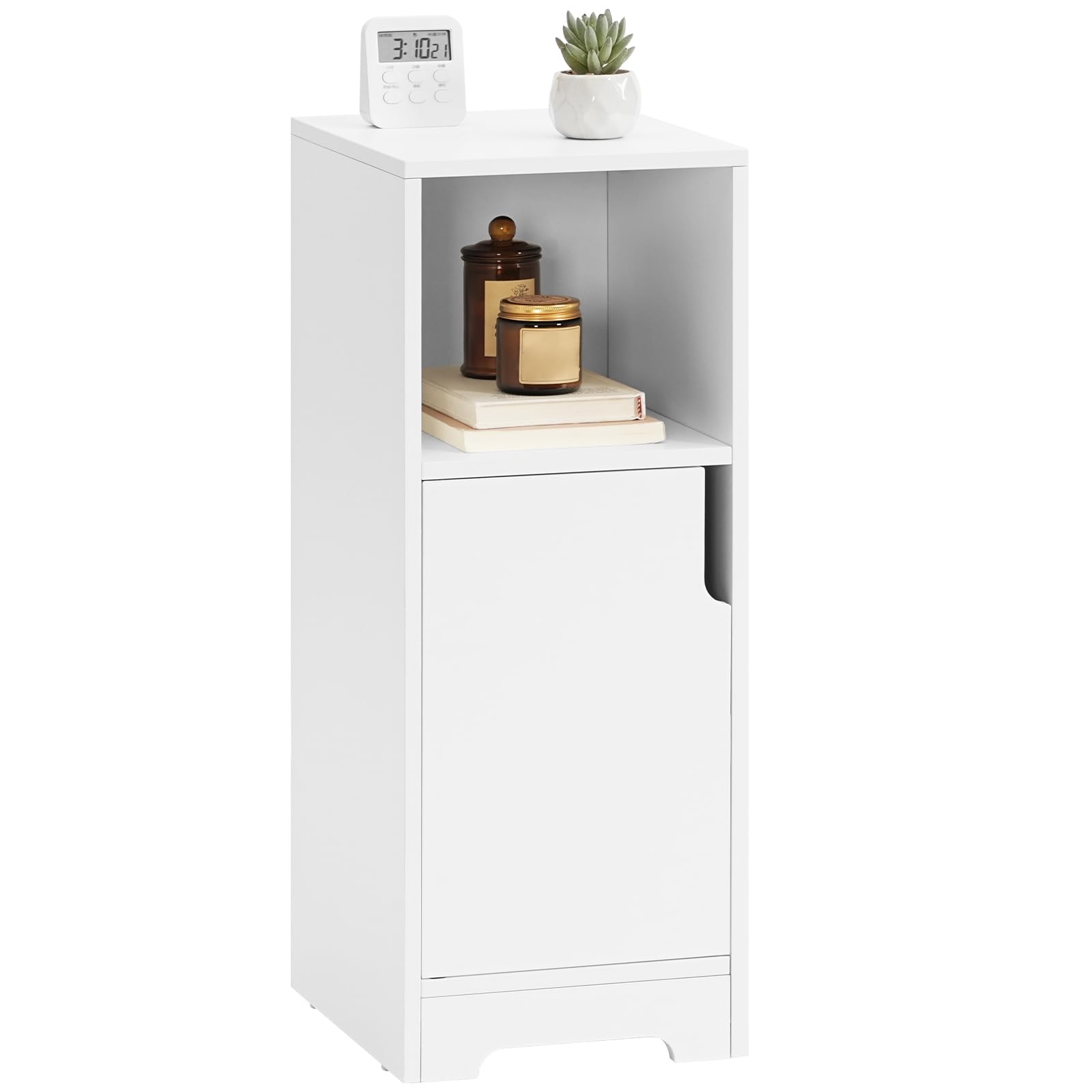 HOOBRO Mesita de Noche Estrecha con Compartimento Abierto y una Puerta, Mesa Auxiliar Pequeña para Sofá, Rincones Pequeños, Dormitorio, Sala de Estar, Blanco EWT198BZ01