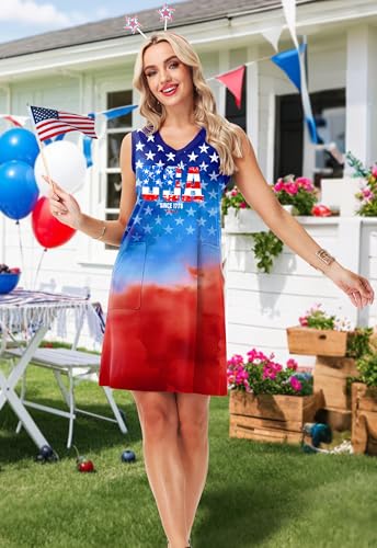 Image of Deerose Womens July 4th Sleeveless Dress American Flag Swim Cover Up Dress with Pockets