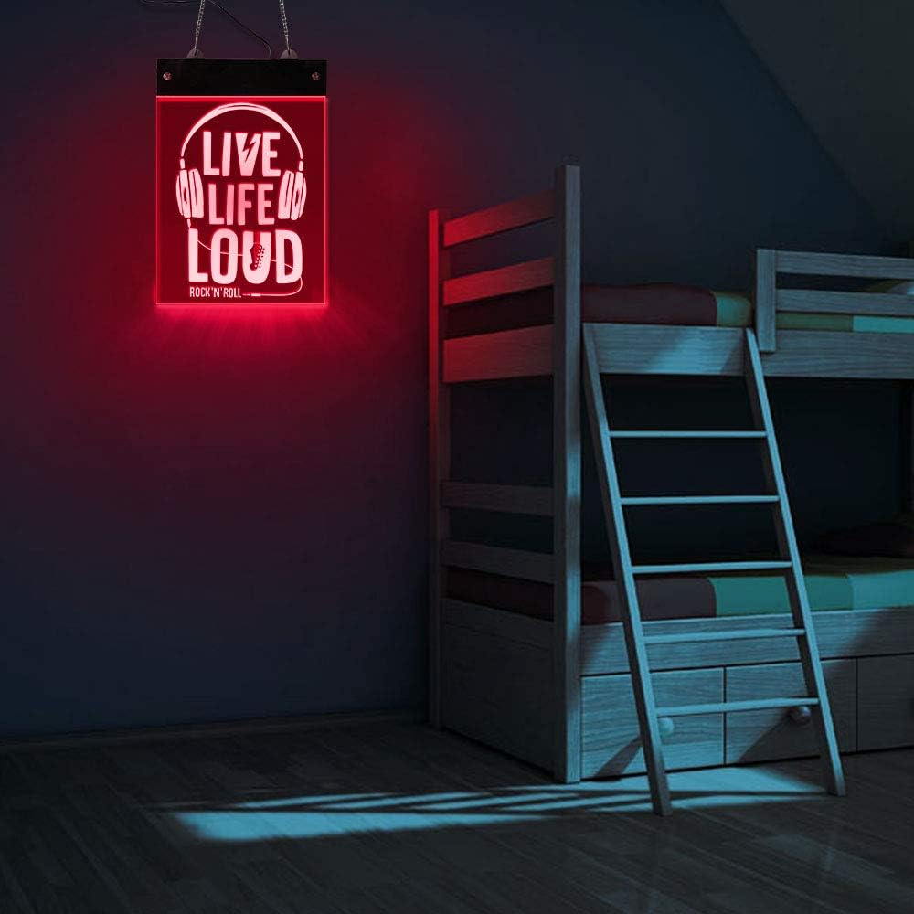 The Geeky Days Live Life Loud Rock And Roll Multi-color LED Wall Neon Sign Remoto Control Music Party Concert Live Open Sign Light Up Decor For Rock Music Studio