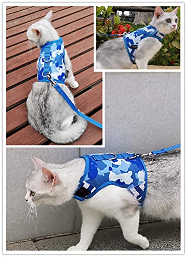Image of Cat Harness and Leash for Walking Escape Proof, Adjustable Cat Vest Harness, Padded Stylish Cat Walking Jackets, Blue Camo, X-Small