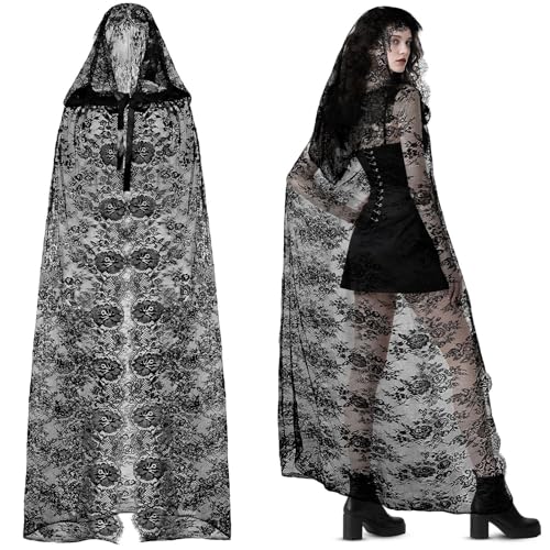 BOARDFEB Halloween Costume,Black Lace Hooded Cloak...