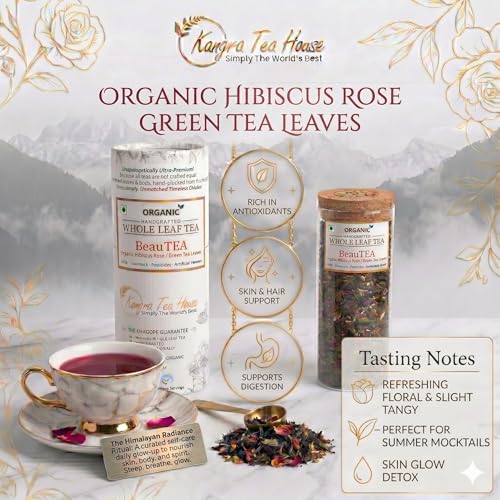 Image of Kangra Tea House Organically Grown Hibiscus Rose Green Tea for Hair & Skin Detox | Wellness Tea for Improved Digestion | Richest Source of Antioxidants - BeauTEA | 100g = 60 Glasses