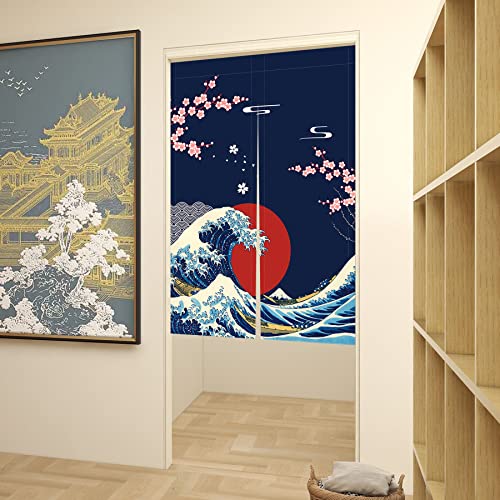 LIGICKY Japanese Noren Doorway Curtain Ukiyoe Hokusai The Great Wave Off Kanagawa Sun Cherry Blossoms Printed Window Treatment Door Tapestry for Home Restaurant Decoration 85 x 120 cm - Image 2