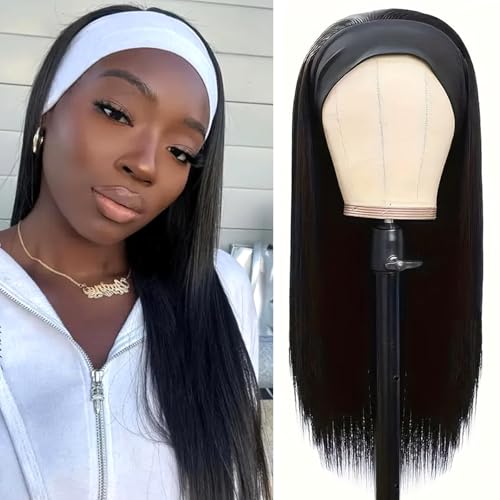 Image of Headband Wig Human Hair Straight Headband Wigs Glueless None Lace Front Wig Brazilian Virgin Machine Made Wigs Headband Half Wig for Black Women Natural Color 18 Inch
