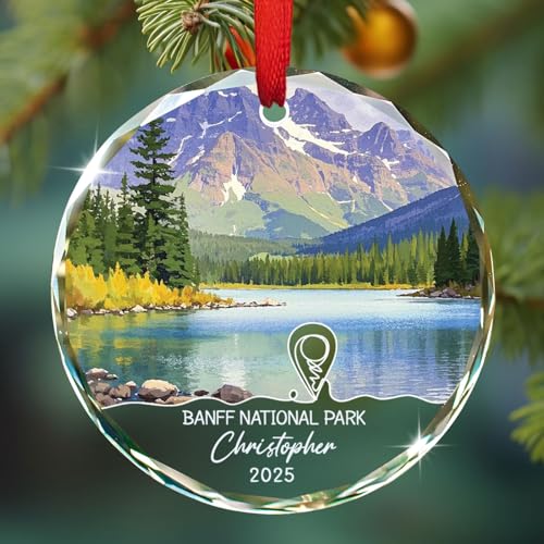 Banff National Park Glass Ornament Keepsake, Personalized Banff National Park in Canada Ornament, Lake Louise Alberta Ornaments, Moraine Lake Mountain Landmark Decor, Custom Name Travel Ornaments Gift