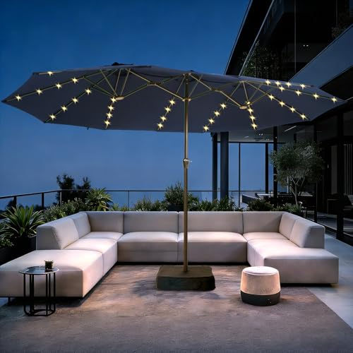 Ayge 15FT Large Patio Umbrella with Solar Lights, Double-Sided Outdoor Market Rectangle Umbrellas with 48 LED Lights, Umbrella Base Included for Pool,