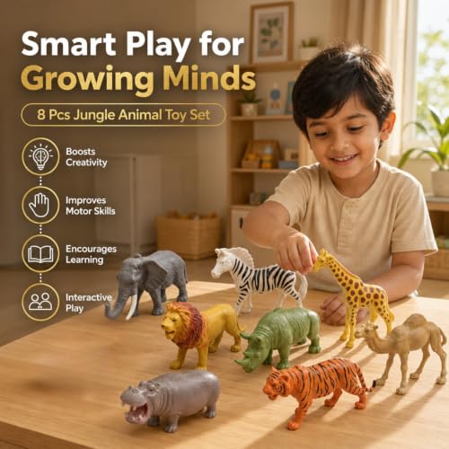 Image of ZESTHOME Big Size Jungle Animal Toy Set for Kids | Realistic Wild Animal Figures for Learning & Play | Non-Toxic PVC | Lion Tiger Elephant Giraffe Zebra Rhino Hippo Camel | 8 Pieces |10-13 cm