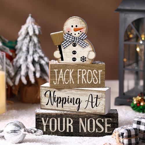 Image of Moucuny 4 Pcs Christmas Table Decor Wooden Snowman Black and White Winter Tiered Tray Decor Rustic Decorative Snowman Block Sign Gifts Christmas Centerpiece Rustic Winter Decorations for Home Kitchen
