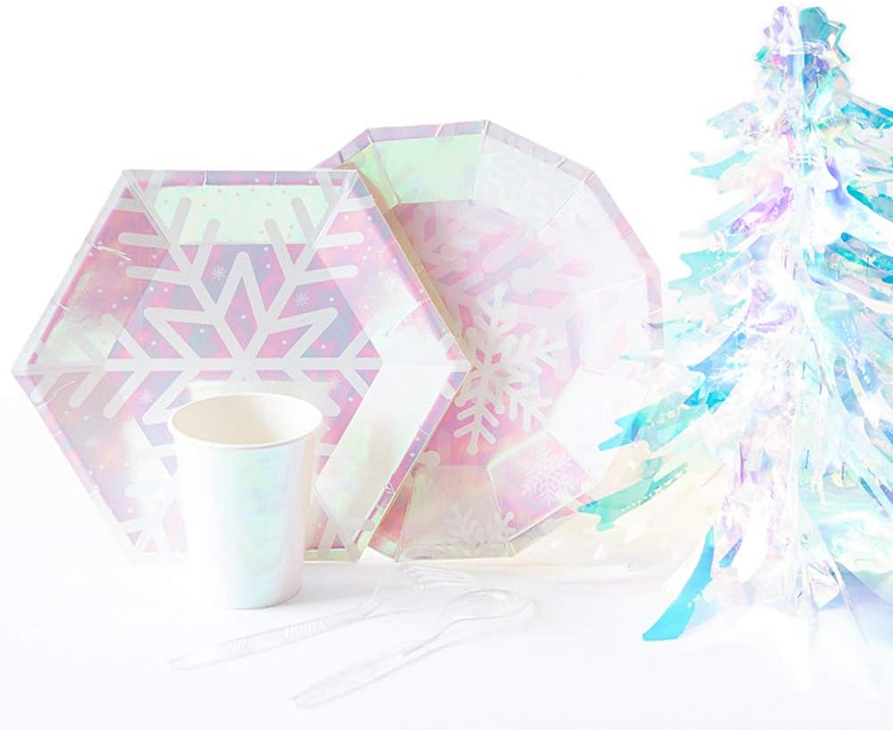 Christmas Snowflake Party Supplies Set Serves 16, Iridescent Pink Themed Party Supplies, Snowflake Paper Plates, Paper Napkins, Paper Cups Straws Spoons Forks