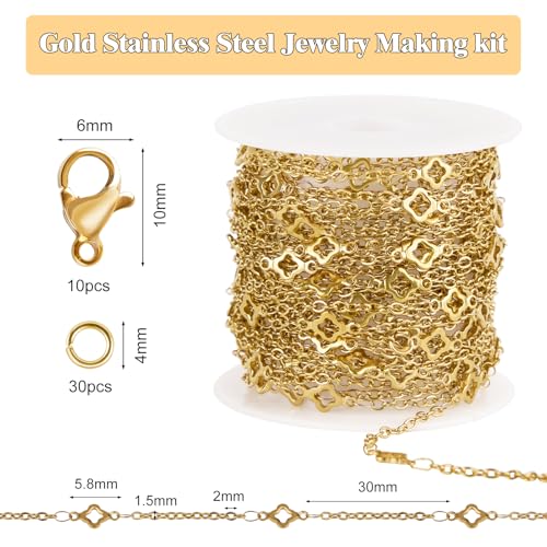 GTVOODX Gold Plated Four Leaf Clover Chain for Permanent Jewelry Making 5 Meters Stainless Steel Cable Chain Spool Bulk for DIY Bracelet with 10 Lobster Clasps and 30 Jump Rings - Image 3