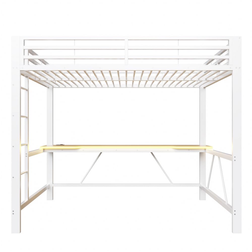 Litera de 140 x 200 cm con tira LED, USB, cama alta para niños con escritorio, ahorra espacio, estructura de cama de metal para juegos con riel, sin colchón, apto para dormitorios y otros (blanco)