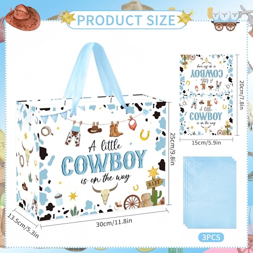 EoBeCy A Little Cowboy is On The Way Baby Gift Bags for Boys, Cute Baby Boy Gift Bag with Tissue Paper and Greeting Card, Western Wrapping Paper for Baby Shower Birthday Party Supplies - Thumbnail 3
