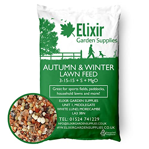 Elixir Gardens Autumn Winter Fertiliser, Sports Field, Paddock and Lawn Feed | Treats 500sqm, Made for British Climate | 1kg-25kg in bag or tub | NPK 3-15-15 + 5.2% S | x 25kg bag