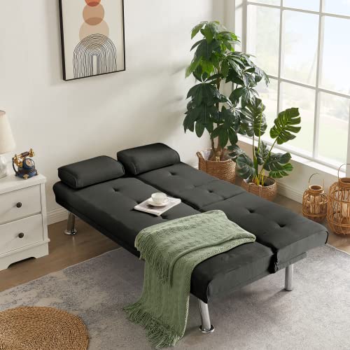 Anwicknomo Convertible Folding Futon Sofa Bed With Metal Legs & 2 Cupholders, Modern Faux Leather Upholstered Couch Loveseat Sleeper, Folding Couches Bed, Removable Armrests For Small Spaces (Black) #TOP2