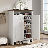 ONBRILL 6-Tier Shoe Cabinet with Doors, Farmhouse Shoe Storage Cabinet with Adjustable Shelves, Large Capacity Wooden Shoe Rack Organizer for Entryway, Closet, Hallway, Living Room, White