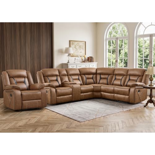 Image of EBELLO Faux Leather Reclining Sectional Sofa Set for Living Room, 1 Recliner Chair and L-Shaped Reclining Couches Home Furniture Set with Center Console, Hidden Cup Holders and Storage, Brown