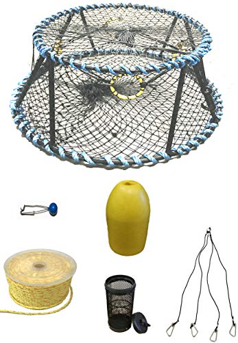 KUFA Sports Vinyl Coated Heavy Duty Tower Style Prawn Trap with 400' Rope, Yellow Float, Vented Bait Jar & Harness Combo (CT130+PAP19+HA5)