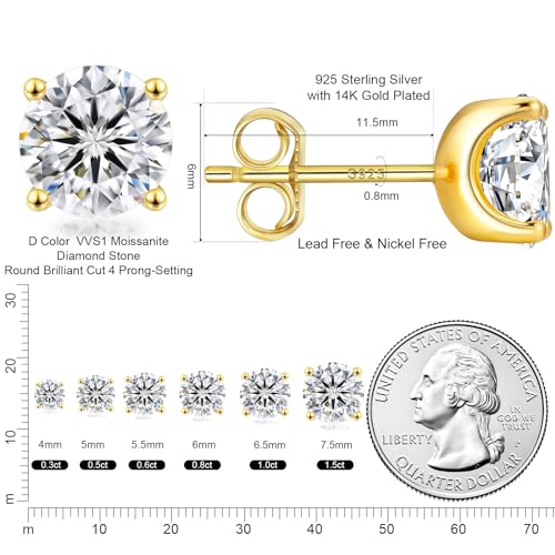 KRKC 0.6-3ct Moissanite Stud Earrings, Lab Created Diamond Stud Earring for Women, D Color VVS1 Clarity, S925 Sterling Silver, Hypoallergenic,14K White Gold, Friction Back Earrings Jewelry Gifts for Women Men2