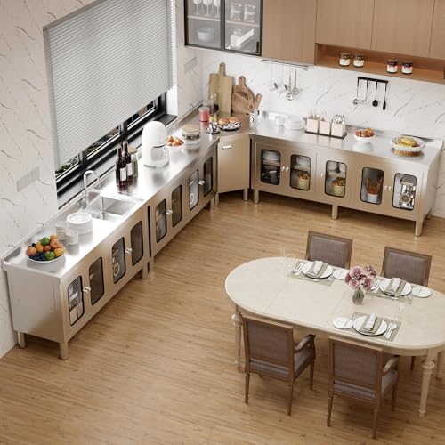 Image of 59 inch Stainless Steel Table Cabinet Heavy Duty Prep Table with 304 Stainless Steel Worktop and 4 Glass Doors Commercial Worktable Workbench with Storage Cabinet for Kitchen Garage Restaurant Outdoor