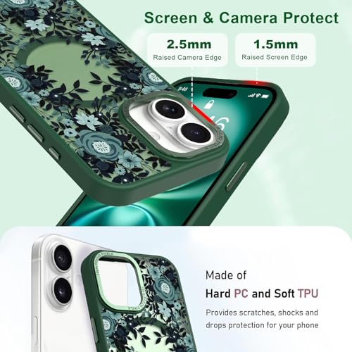 Image of Magnetic for iPhone 16 Plus Case with for Women, Green Flower | Pretty Floral Pattern Design [Compatible with MagSafe] Shockproof Slim Translucent Matte Non-Slip Protective Cover