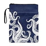 Poceacles Buchhülle mit Taschen, waschbarer Stoff, Taschenbuch, Buchhülle, Schutz mit Reißverschluss, für Hardcover-Lehrbuch, 29 x 22 cm, japanischer Stil, Oktopus-Design, Dunkelblau