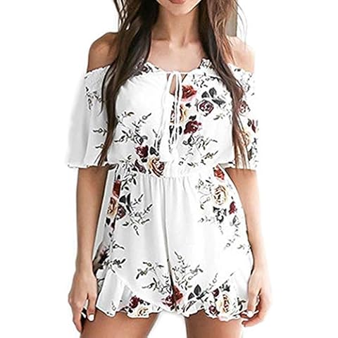 Chicone Womens Off Shoulder Short Jumpsuit Flower Print 3/4 Sleeve Romper Beige White X-Large Cover