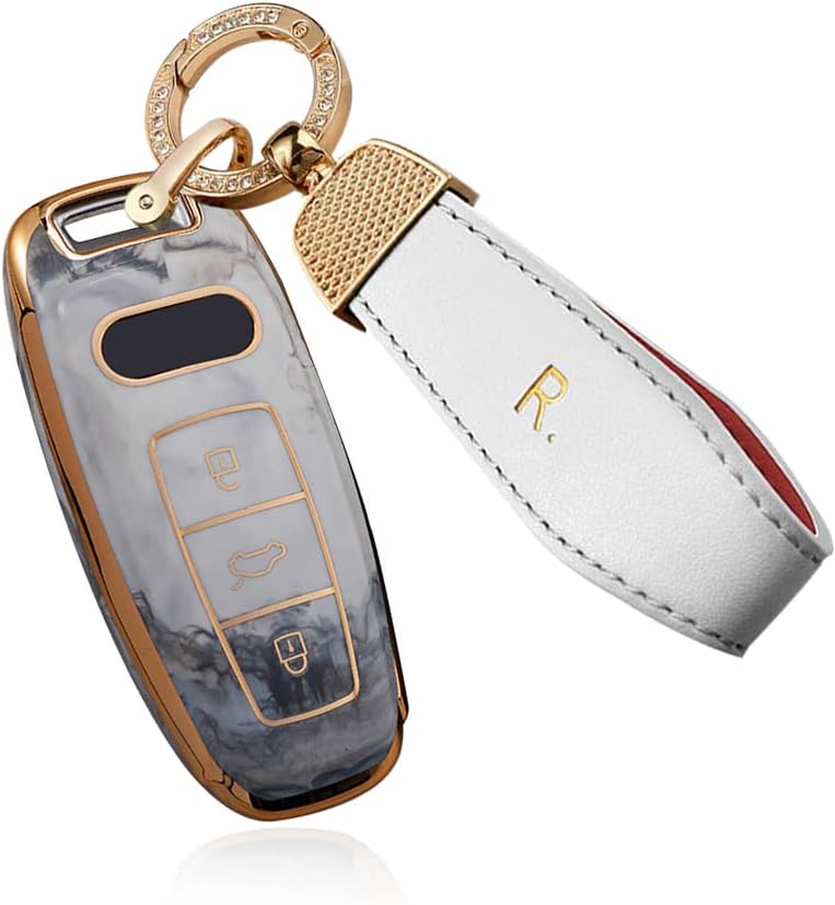 SANRILY Golden-edge Jade Pattern Key Fob Cover for Audi Q7 2021 2020 Q8 A8 A6 A7 Etron,RS3 A3 Sportback 2022 Accessories With Leather Keychain Keyless Smart Key Case Shell Grey