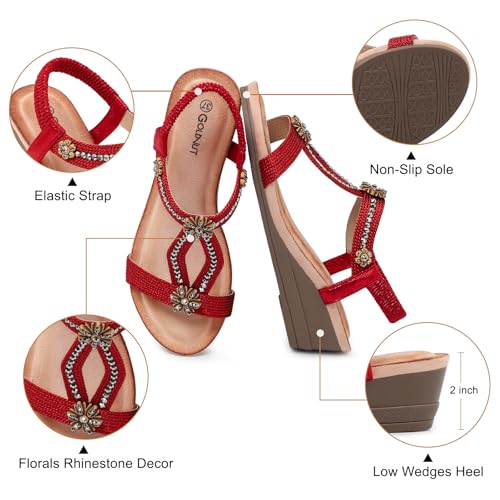 Image of Wedge Sandals for Women Dressy, Woman's Sandal Comfortable Low Wedges Heels Ankle Elastic Strap Sandles with Flower Rhinestones