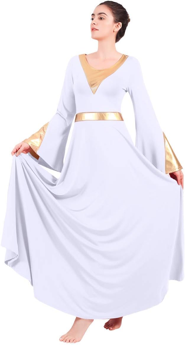 ODASDO Women Praise Dance Dress Liturgical Worship Church Dancewear Metallic Color Block Bell Long Sleeve Maxi Robe - Image 2
