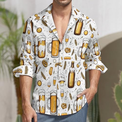 Beer Bubbly Wheat Print Mens Long Sleeve Button Down Shirts, Casual Men's Button Up Shirt with Pocket2