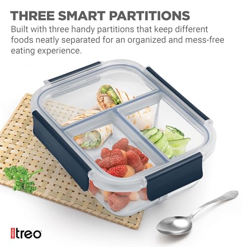Image of Treo by Milton Clip Fresh Rectangle 3-Compartment Glass Container 1000 ml| High Borosilicate Glass | Airtight & Leak-Proof | Microwave & Fridge Safe | Ideal for Meals, Snacks & Fruits, Transparent