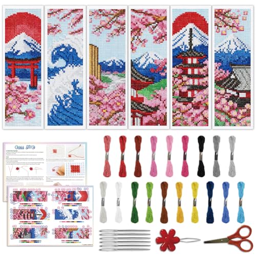 Image of ACRNIGHEET 6PCS Cross Stitch Bookmark Kit for Beginner Stamped Cross Stitch Kits for Adults Japanese Style DIY Embroidery Bookmark Kits Needlepoint Kit with Instructions Craft Gift 8.5''x3'' 11CT