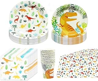 mciskin Dinosaur Party Supplies Birthday Tableware Set Paper Plates, Dinosaur Cups and Napkins, for Kids Theme Party Decoration Serves 16 Guests.