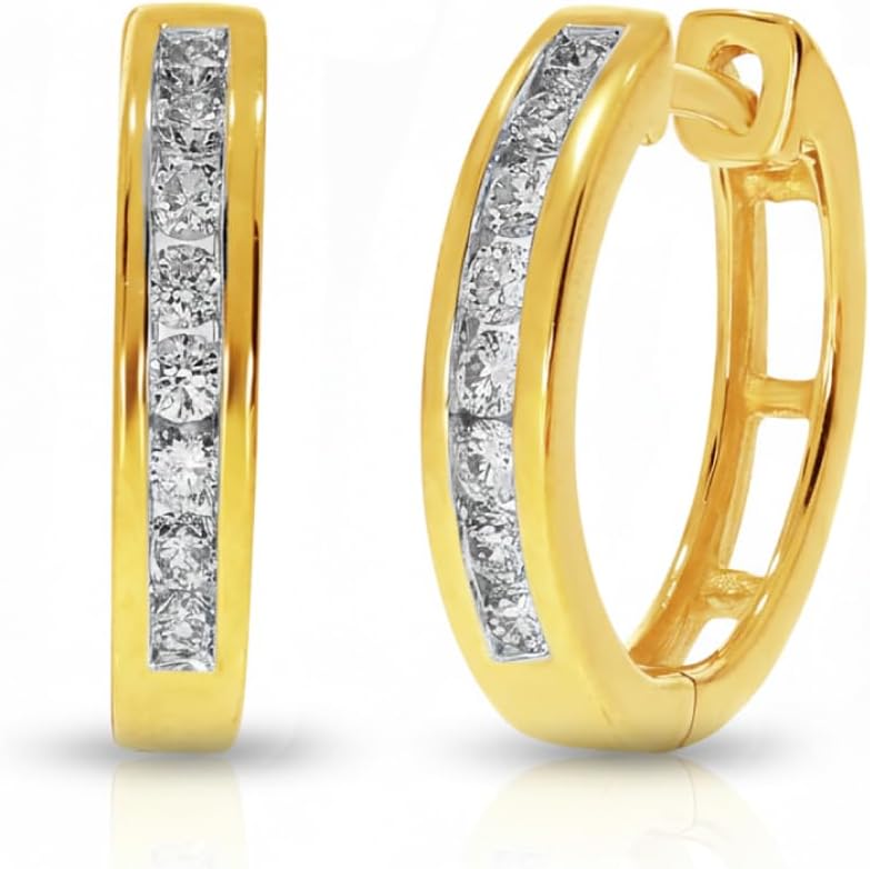 Diamond Huggie Hoop Earrings | 14K Gold Plated 925 Sterling Silver Earrings | 1/4-1 CT. TW. Small Lab Grown Diamond Hoops