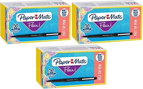 Paper Mate Flair Felt Tip Pens, Medium Point (0.7mm), Black, 36 Count Pack of 3