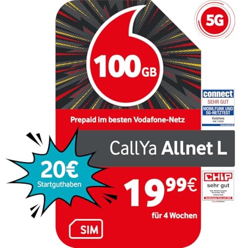 Vodafone Prepaid CallYa Allnet L | 100 GB | 20 EUR Guthaben | ohne Vertrag | 5G | Allnet Flat | EU-Roaming | weltweit nutzbar