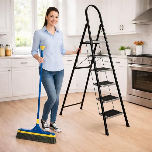 Image of TEKCOOL Ladder for Home 6 Steps Foldable with Built-in Tool Tray | Heavy Duty D Shape Rods | 20 x 30cm Large Platform | Wide Rubber Feet | Secure Lock | 150Kg Capacity