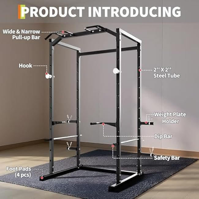 Power Cage, Squat Rack for Home Gym, 1100LB Capacity Power Rack with Pull-Up Bar, Adjustable Safety Bars, Strength Training for Home Gym