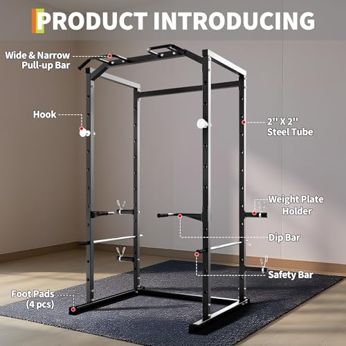 Power Cage, Squat Rack for Home Gym, 1100LB Capacity Power Rack with Pull-Up Bar, Adjustable Safety Bars, Strength Training for Home Gym