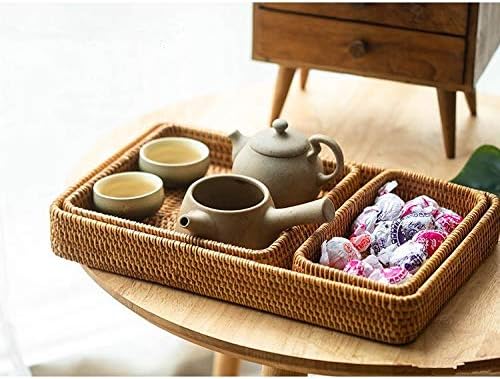 Rattan Serving Tray, Rectangular Woven Tray, Natural Wicker Decorative Serving Baskets for Organizing Tabletop Bathroom Kitchen Counter (Natural)