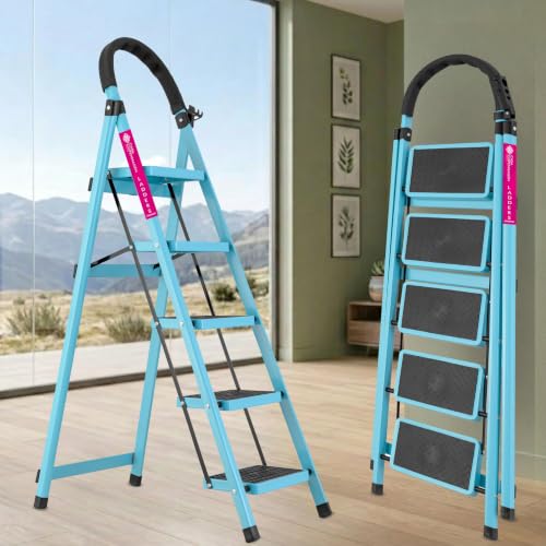 Image of Casa Copenhagen Teal Blue 5 Step Ladder for Home Use with Built-in Tool Tray | Heavy Duty D Shape Rods | Ultra Large Platform | 150Kg Capacity Foldable Ladder - 7 Years Warranty