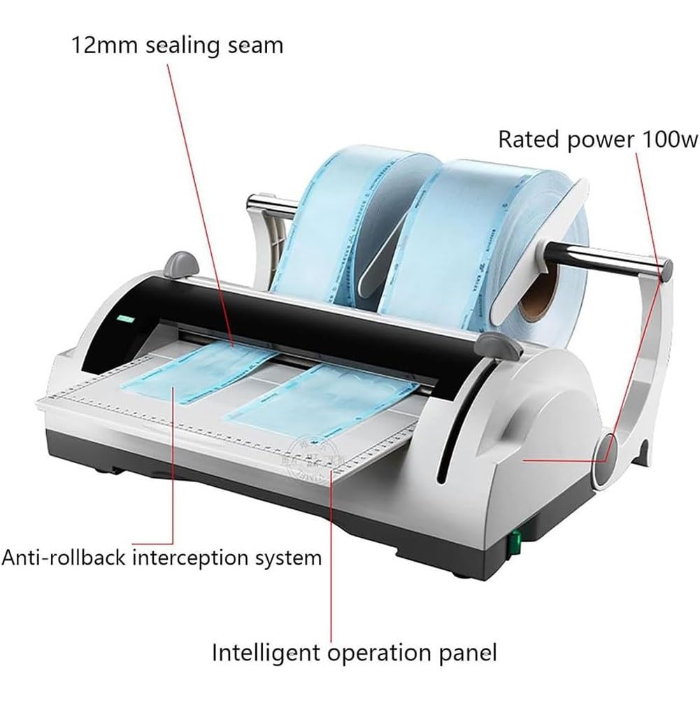 Máquina de sellado estéril, máquina automática de sellado dental, máquina selladora térmica médica de esterilización de 100 W con cortador de bolsas para laboratorio, clínica, hospital