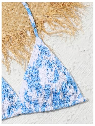 Image of RoseSeek Girl's 2 Piece Swimsuits Tie Dye Smocked Triangle Halter Cute Bikini Set High Waisted Bathing Suit Blue 13Y