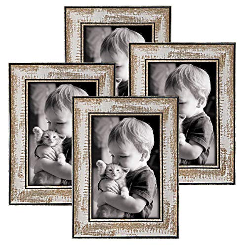 Q.Hou Picture Frames 5x7 Rustic Brown Whitewash Wood Color High Purity Silica Glass Photo Frames 4 Packs for Tabletop or Wall Mount（QH-WPC-1-5X7）