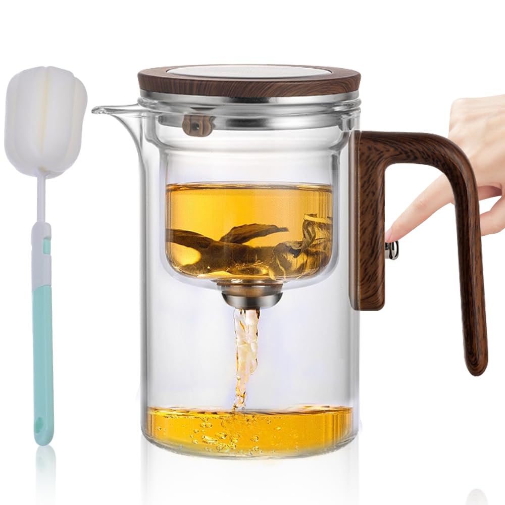 Enchantipot - Tetera de vidrio con separación de agua con mango de madera, tetera mágica con cepillo de esponja, taza de tetera de brujería, tetera mágica con control de presión para preparar
