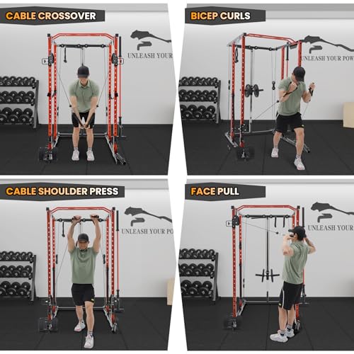 GaveeLife Power Cage, 2000 LBS Power Rack with Cable Cross-Over System, Multi-Functional Strength Training Squat Rack with LAT Pull Down System, Home Gym Equipment with Training Attachment, Red