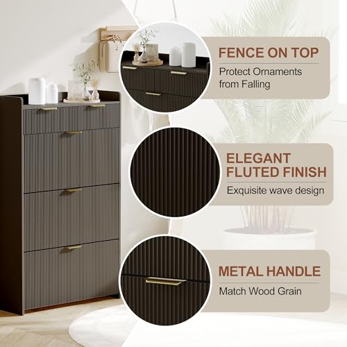 GarveeHome Wave Design Shoe Cabinet with 3 Slip Drawers, 2 Drawers, Raised Edges, Fluted Shoe Cabinet, Slim Hidden Shoe Organizer, Wooden Shoe Storage for Entryway, Front Door, Living Room, Black