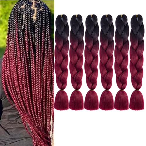 BALINGHAIR Braiding Hair Extensions Ombre Black to Burgundy Professional High Temperature Braids Hair 24 Inch(B8-6Packs)